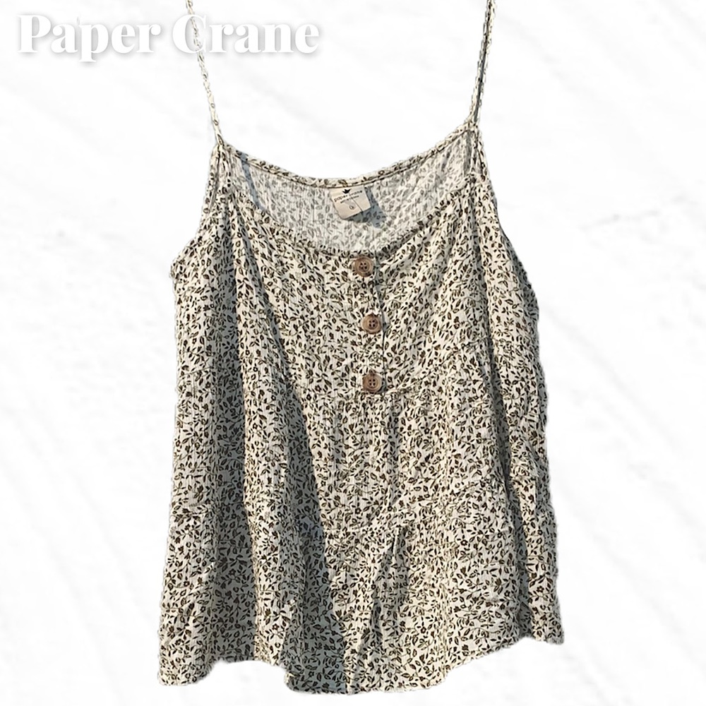 Paper Crane Floral Cream and Green Button Tank Top